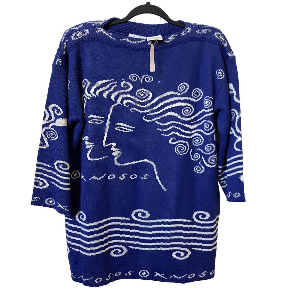 Vintage 80s Helen Knits Greek Blue Line Drawing 3/4 Sleeve Boatneck Sweater - Picture 1 of 6